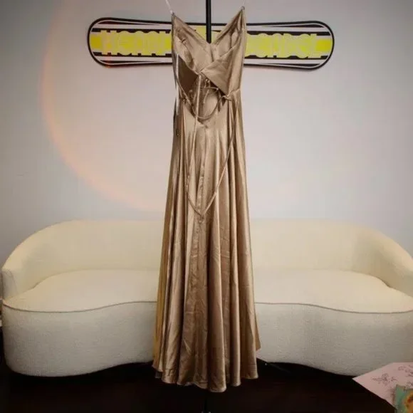 Faviana Gold Satin Charmeuse A-line Gown - Picture 5 of 6